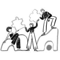 Een illustratie die teamwork, samenwerking, probleemoplossing en succesvolle projectcoördinatie door gezamenlijke inspanning en communicatie symboliseert.